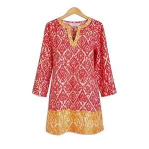 NVELOP Sun 50+ UVP Cotton Red Yellow Ikat Global Inspired Tunic Swim Cover Up